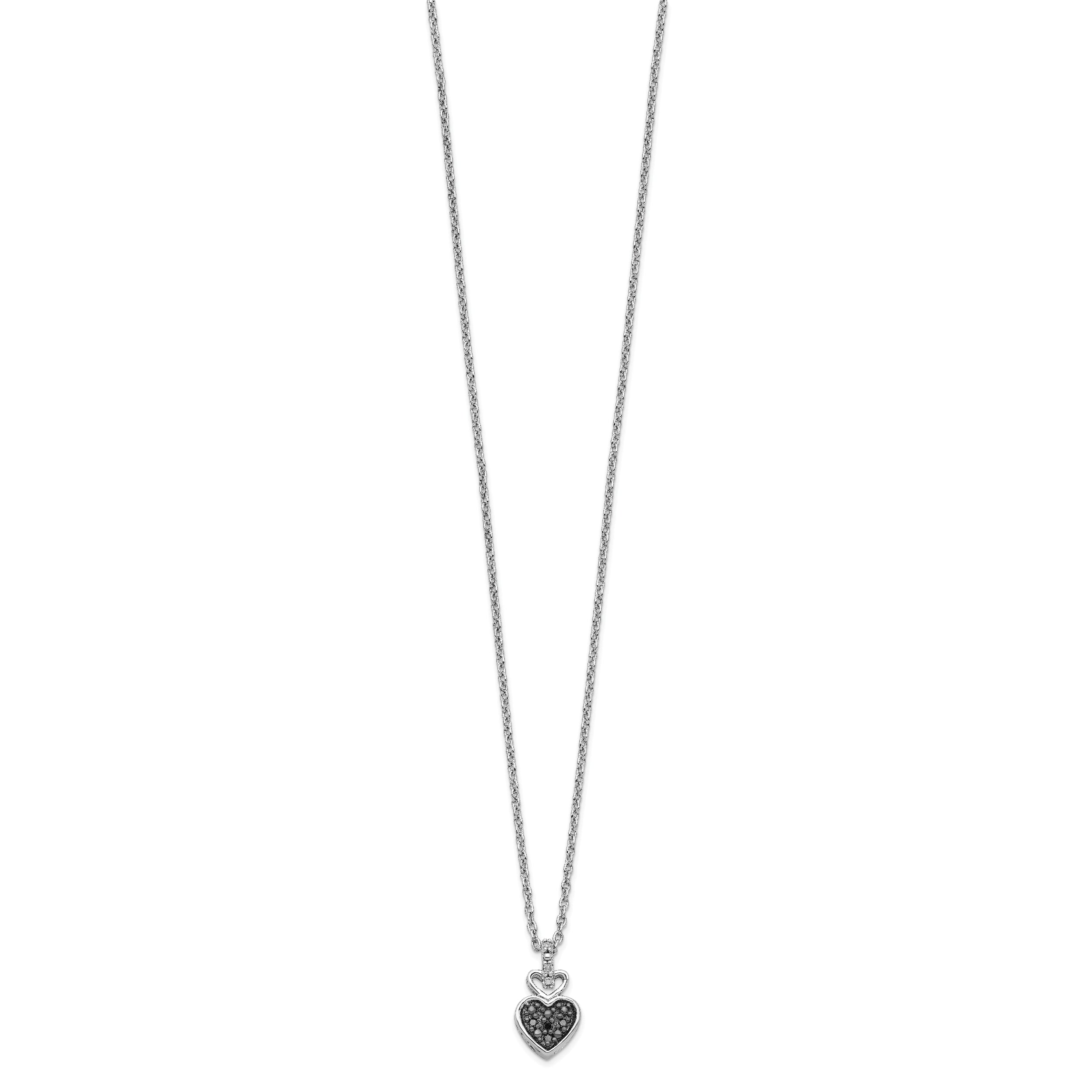 White Night Sterling Silver Rhodium-plated White and Black Diamond Heart 18 Inch Necklace with 2 Inch Extender