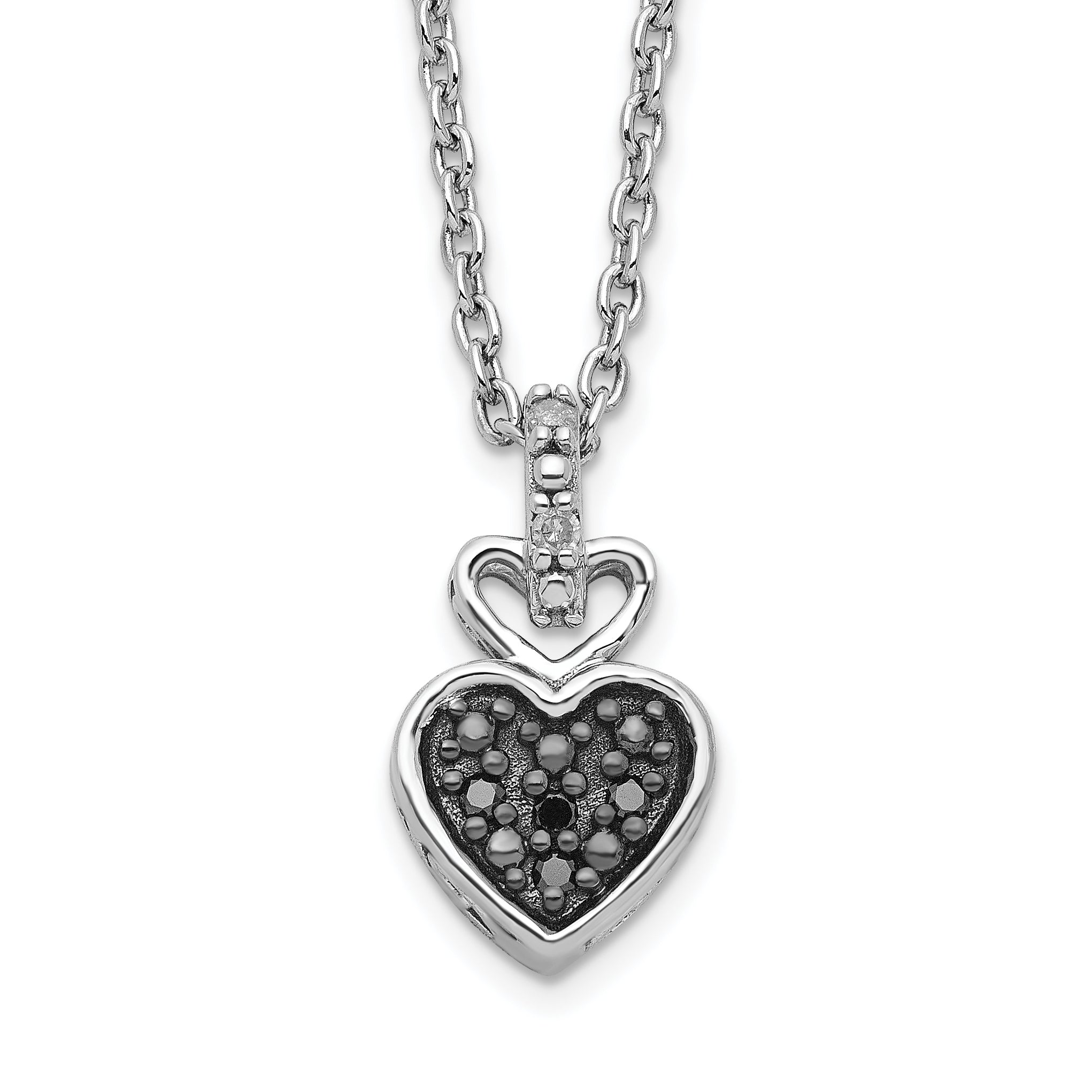 White Night Sterling Silver Rhodium-plated White and Black Diamond Heart 18 Inch Necklace with 2 Inch Extender Main image