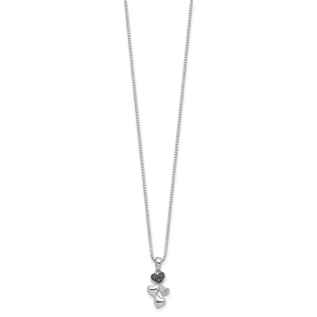 White Night Sterling Silver Rhodium-plated White and Black Diamond Heart 18 Inch Necklace with 2 Inch Extender