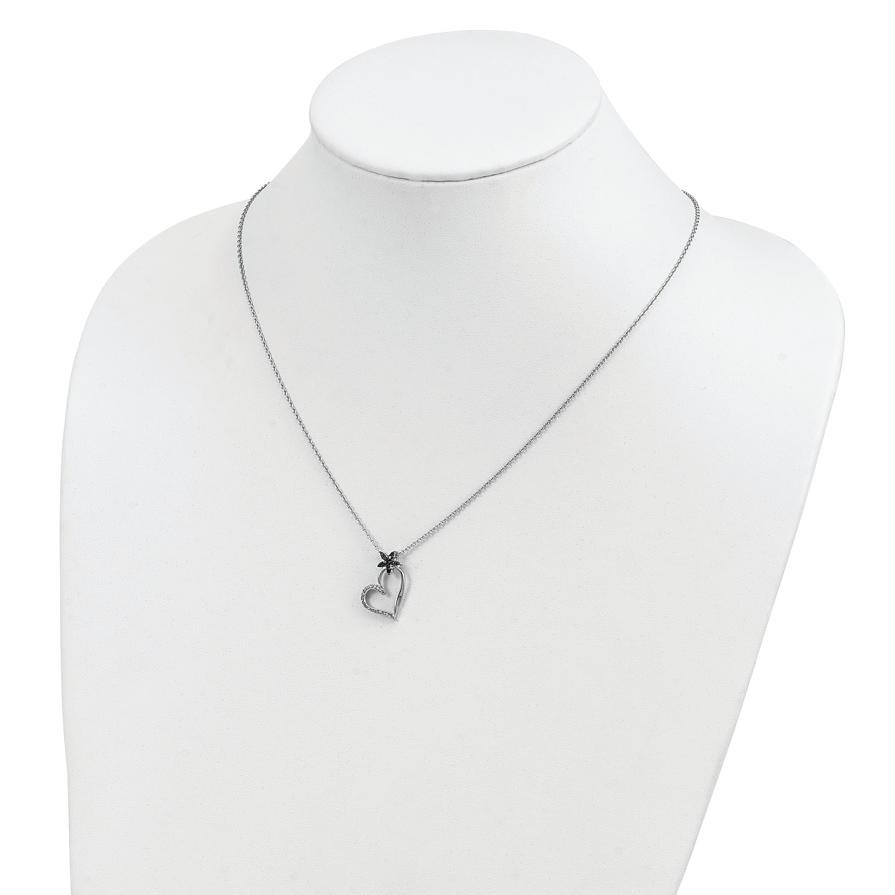 White Night Sterling Silver Rhodium-plated Black and White Diamond Heart with Flower 18 Inch Necklace with 2 Inch Extender