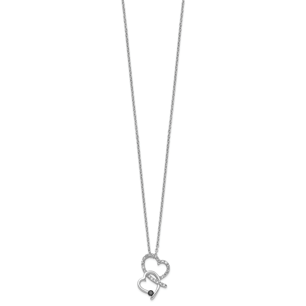 White Night Sterling Silver Rhodium-plated Black and White Diamond Double Heart 18 Inch Necklace with 2 Inch Extender