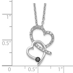 White Night Sterling Silver Rhodium-plated Black and White Diamond Double Heart 18 Inch Necklace with 2 Inch Extender