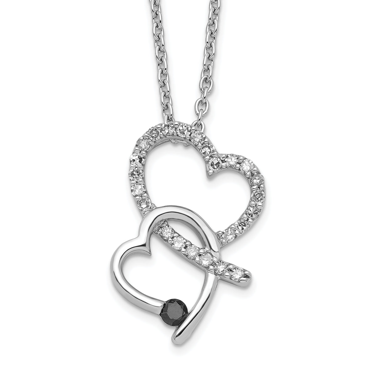 White Night Sterling Silver Rhodium-plated Black and White Diamond Double Heart 18 Inch Necklace with 2 Inch Extender