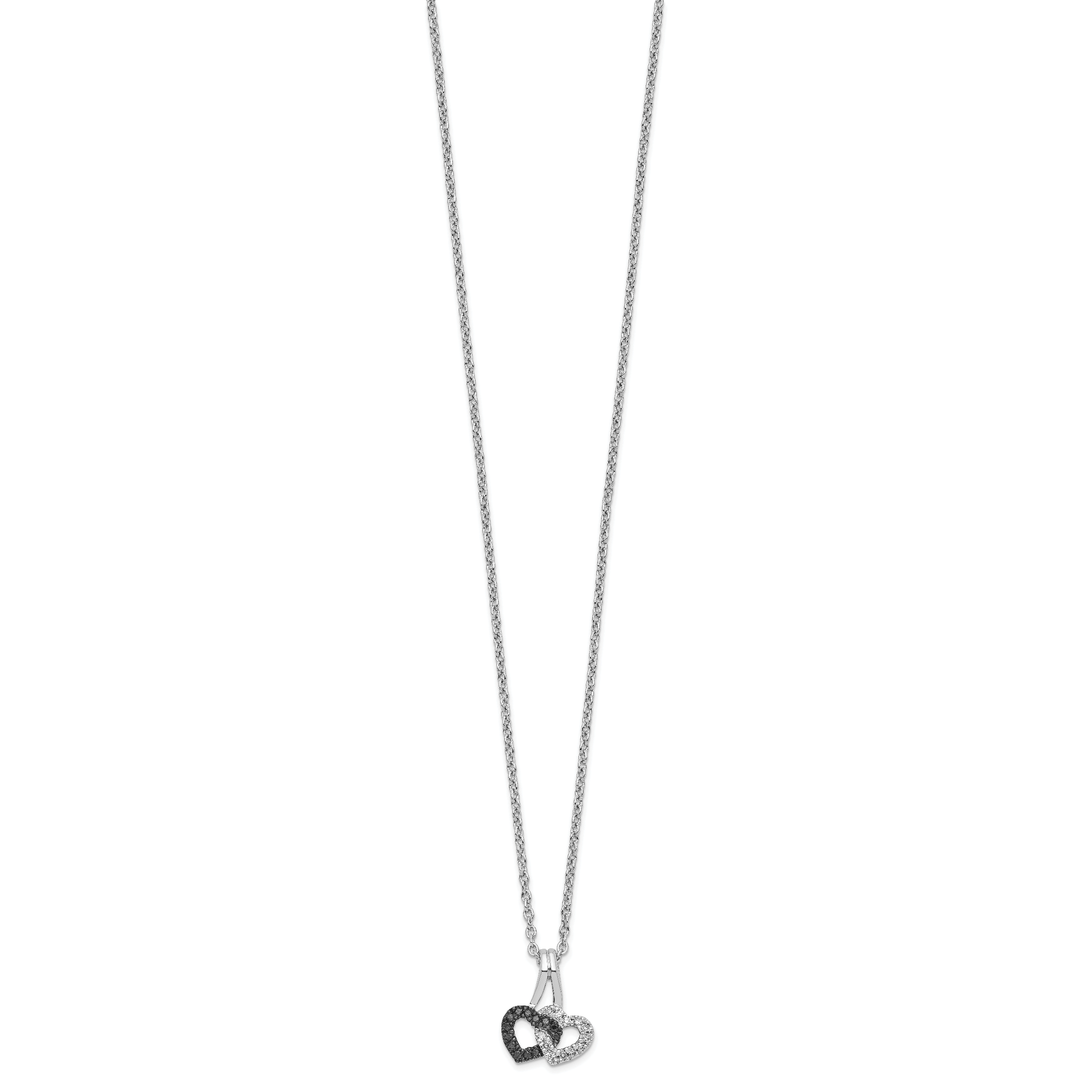 White Night Sterling Silver Rhodium-plated Black and White Diamond Double Heart 18 Inch Necklace with 2 Inch Extender Secondary image
