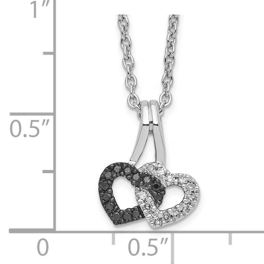 White Night Sterling Silver Rhodium-plated Black and White Diamond Double Heart 18 Inch Necklace with 2 Inch Extender