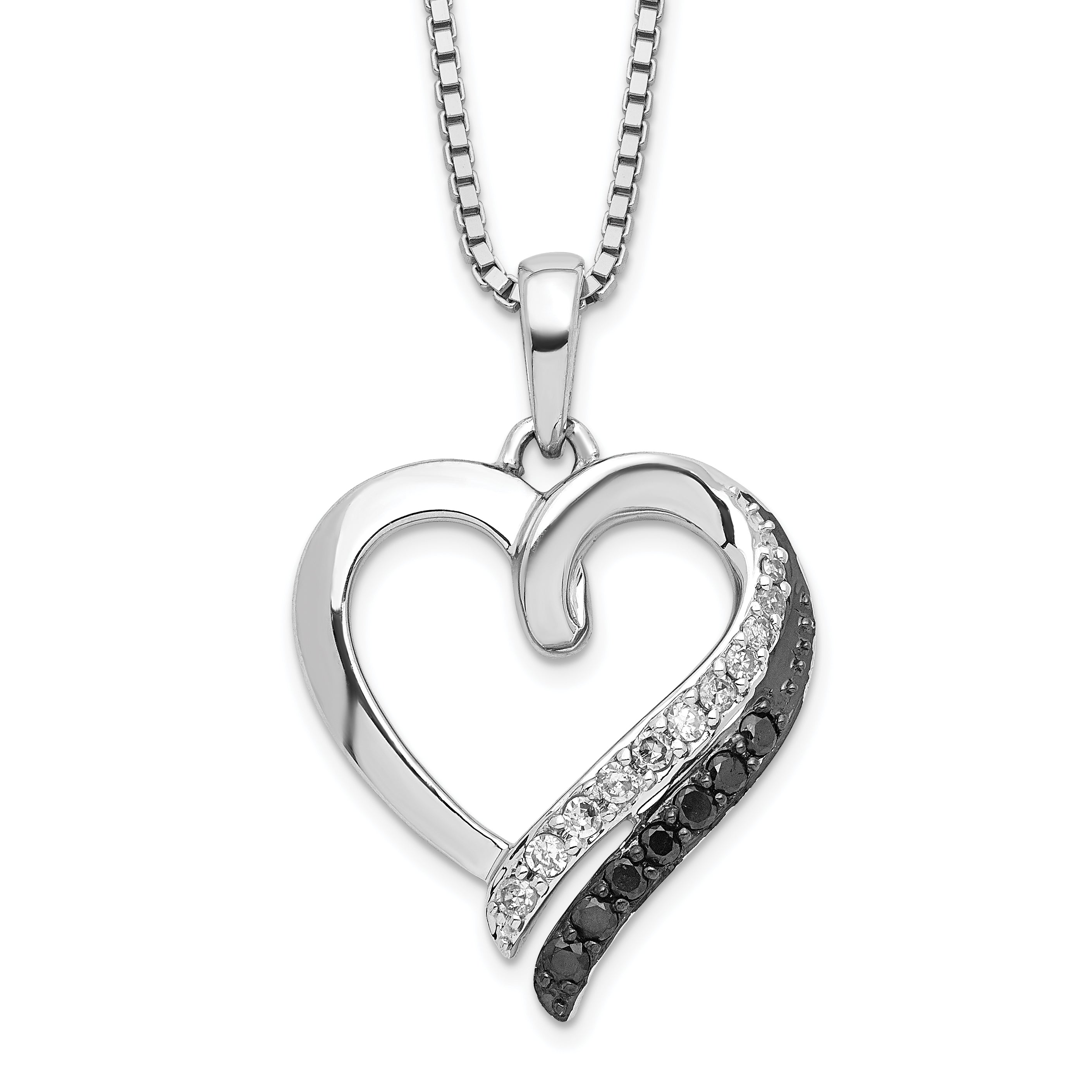White Night Sterling Silver Rhodium-plated Black and White Diamond Heart Necklace with 2 Inch Extender Main image