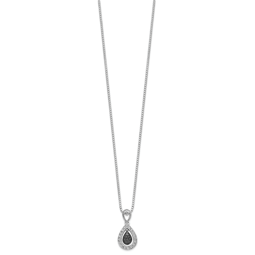 White Night Sterling Silver Rhodium-plated Black with White Diamond Double Teardrop 18 Inch Necklace with 2 Inch Extender
