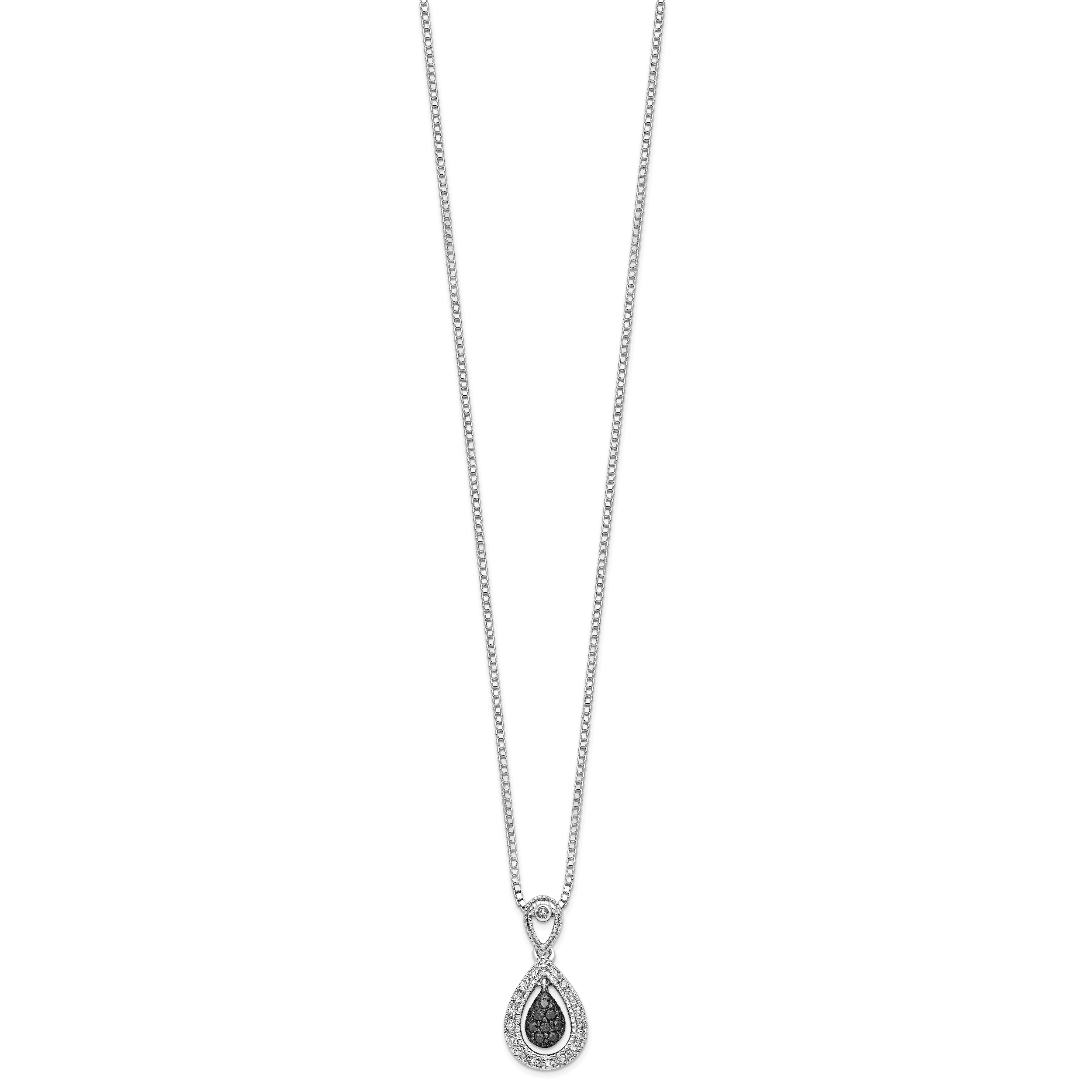 White Night Sterling Silver Rhodium-plated Black with White Diamond Double Teardrop 18 Inch Necklace with 2 Inch Extender