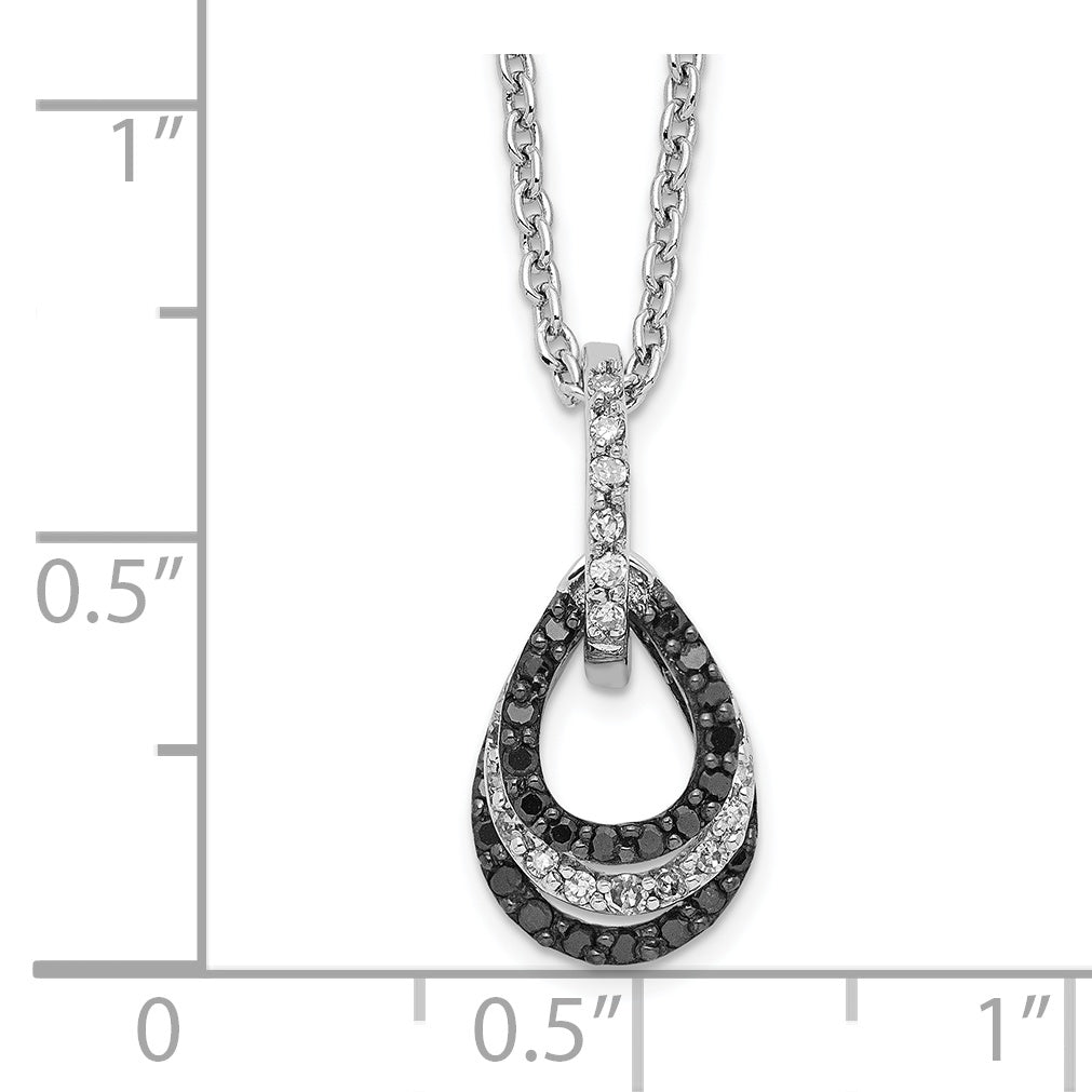 White Night Sterling Silver Rhodium-plated Black and White Diamond Teardrop Pendant 18 Inch Necklace with 2 Inch Extender