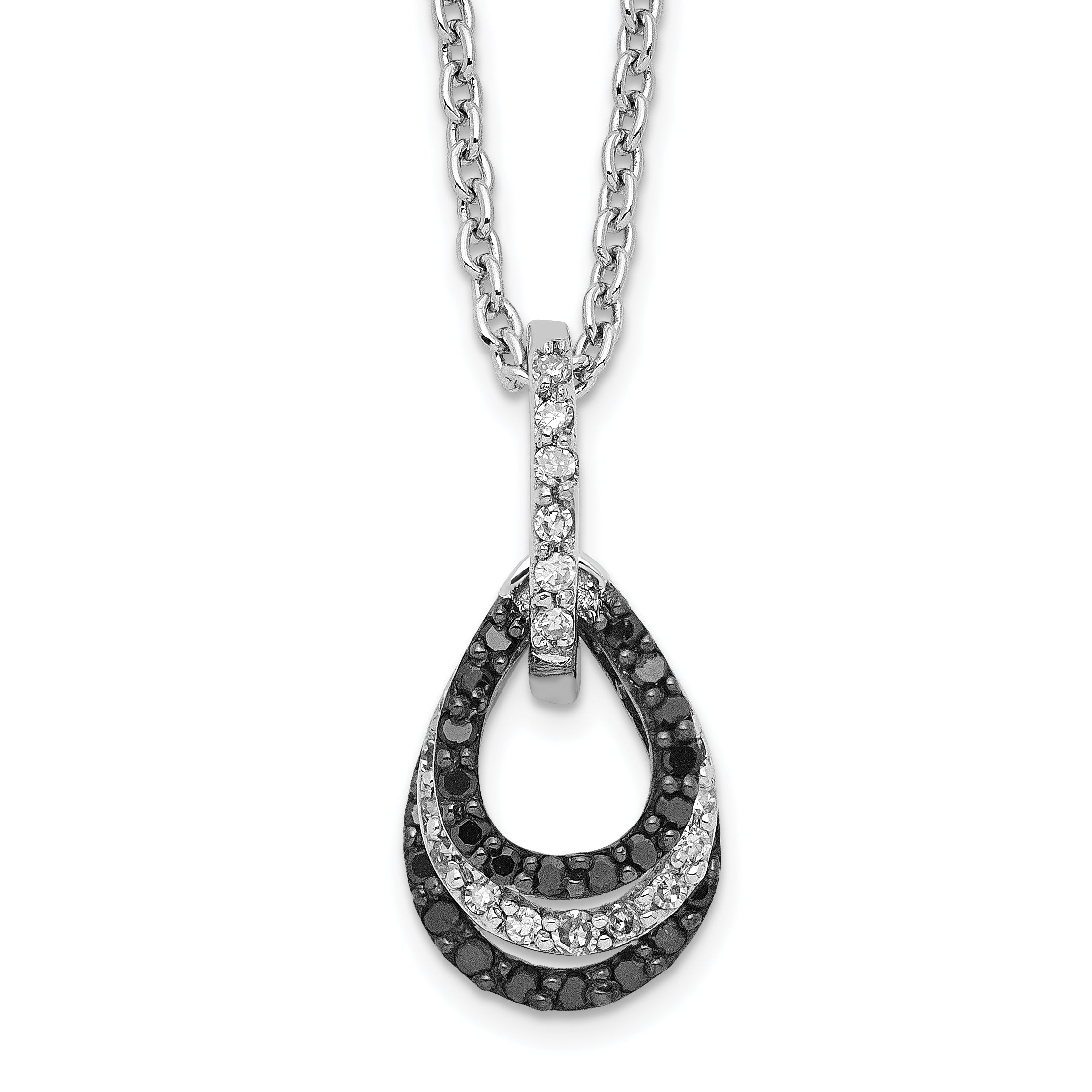 White Night Sterling Silver Rhodium-plated Black and White Diamond Teardrop Pendant 18 Inch Necklace with 2 Inch Extender