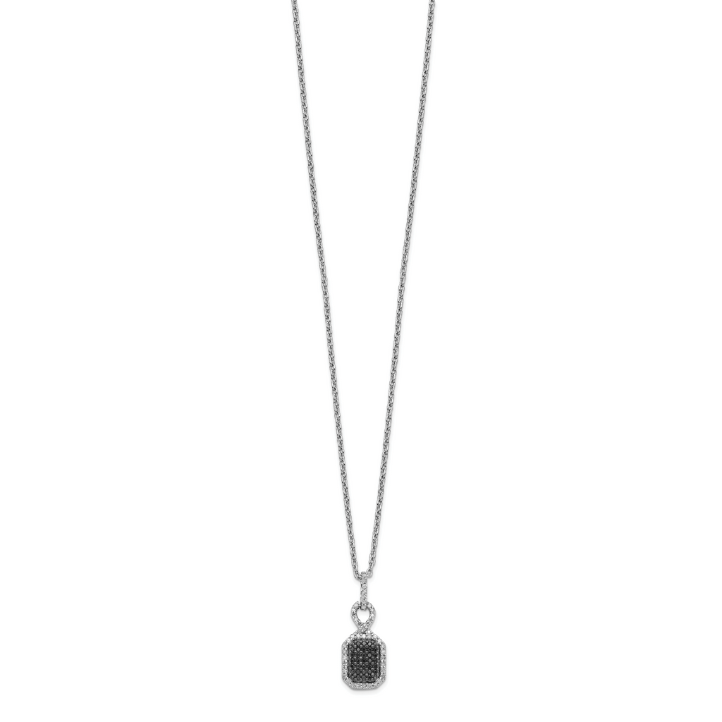 White Night Sterling Silver Rhodium-plated Black and White Diamond Rectangle Pendant 18 Inch Necklace with 2 Inch Extender