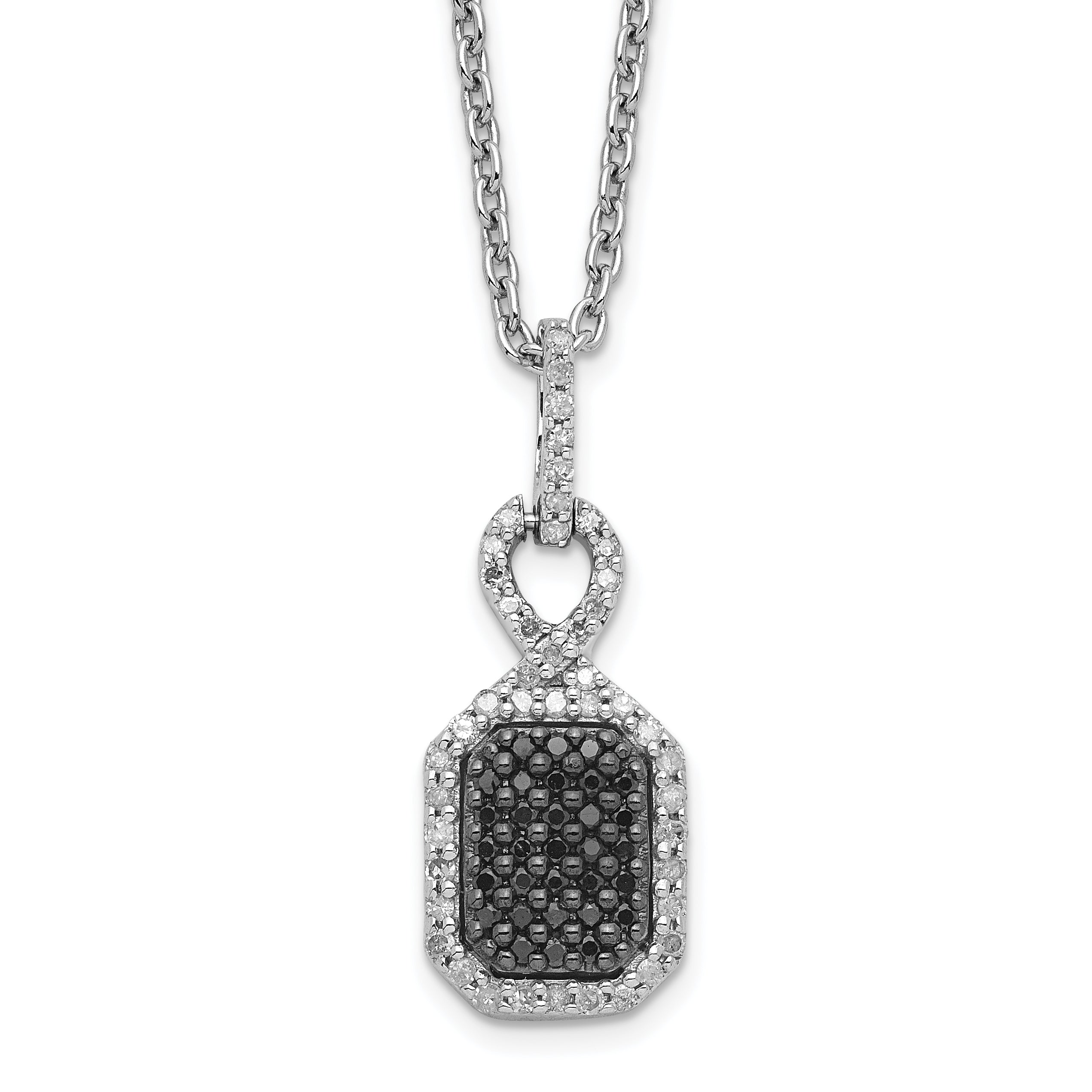 White Night Sterling Silver Rhodium-plated Black and White Diamond Rectangle Pendant 18 Inch Necklace with 2 Inch Extender Main image