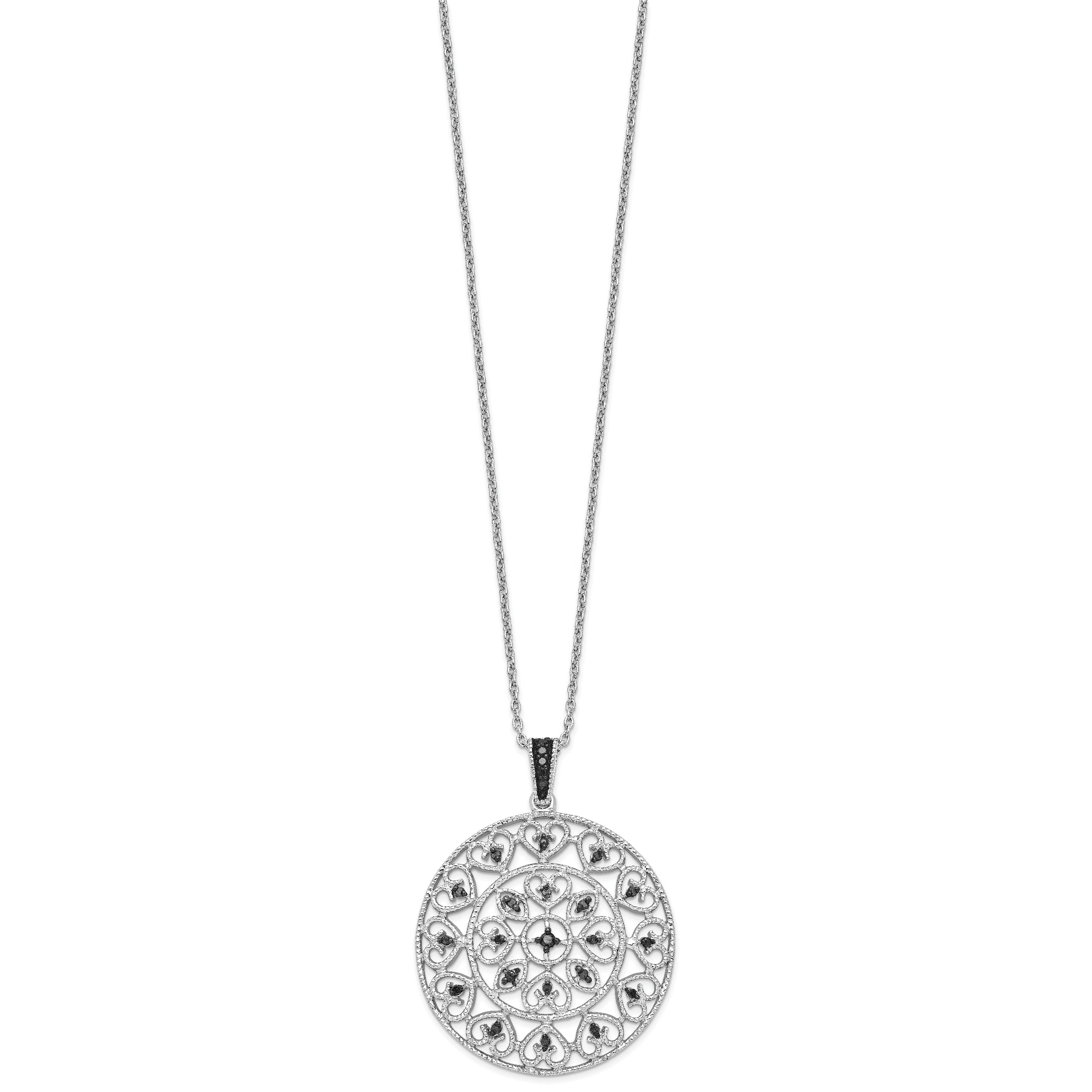 White Night Sterling Silver Rhodium-plated Black Diamond Circle Pendant 18 Inch Necklace with 2 Inch Extender