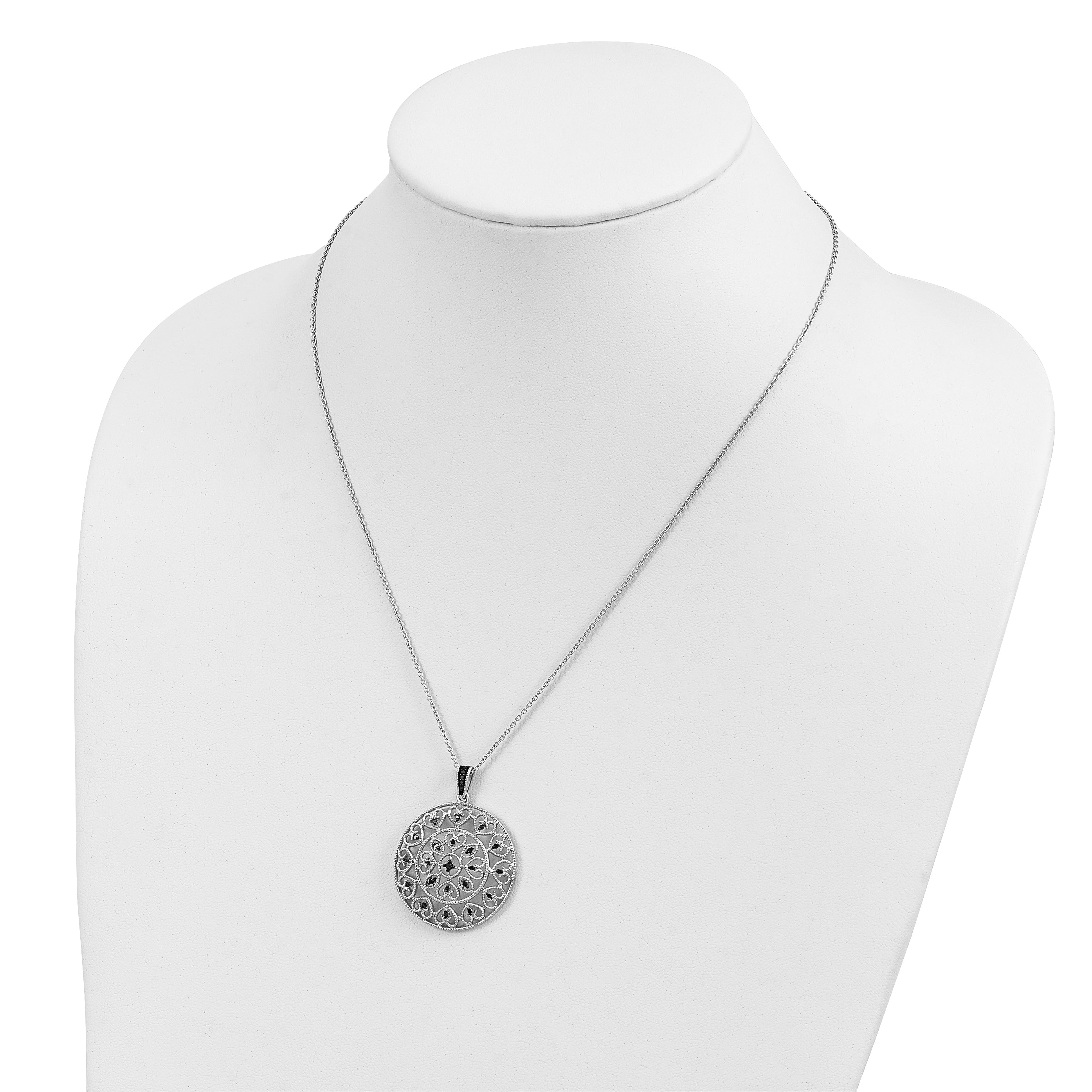 White Night Sterling Silver Rhodium-plated Black Diamond Circle Pendant 18 Inch Necklace with 2 Inch Extender