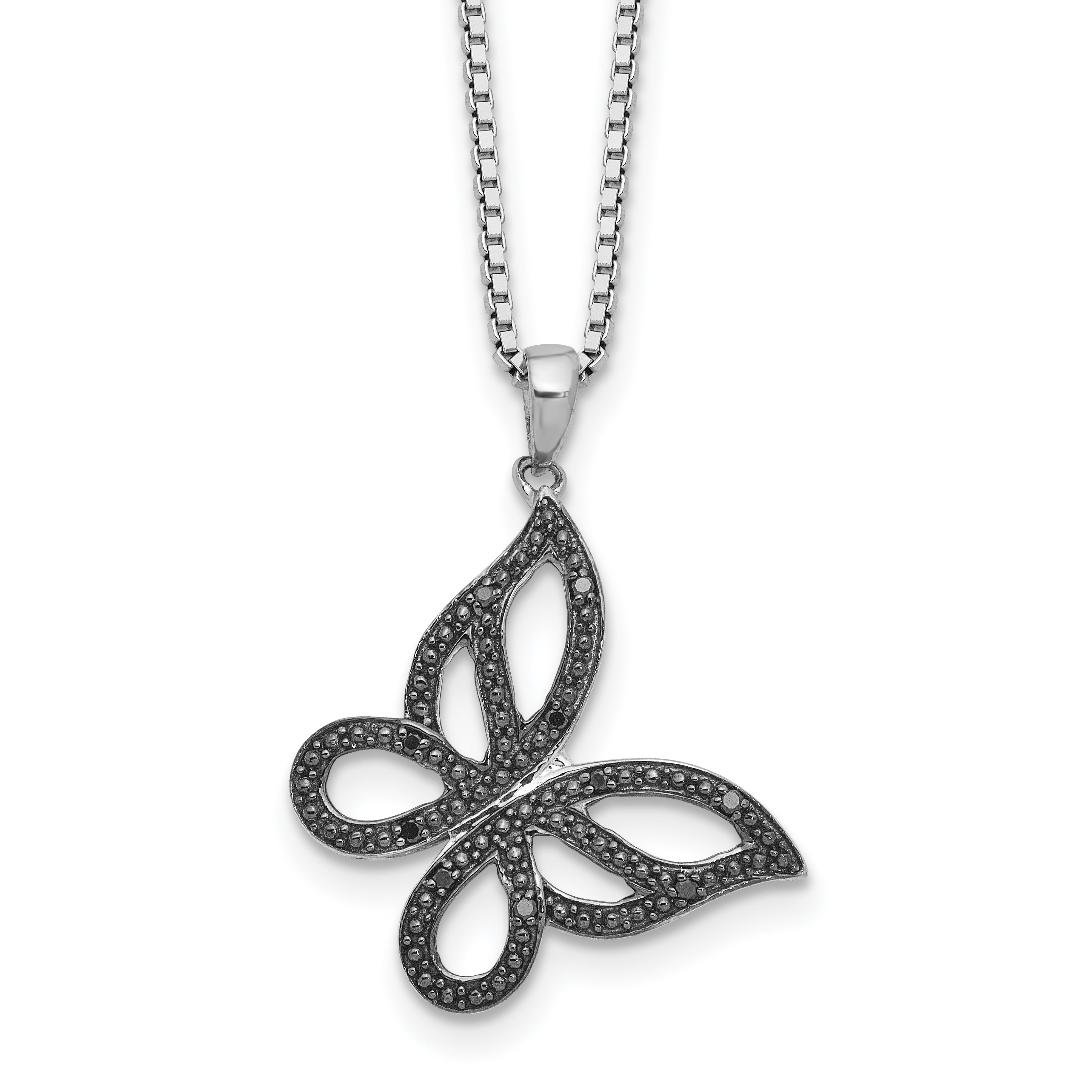 White Night Sterling Silver Rhodium-plated Black Diamond Butterfly 18 Inch Necklace with 2 Inch Extender