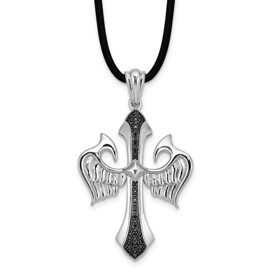 White Night Sterling Silver Rhodium-plated Black Diamond Cross and Wings Pendant 18 Inch Rubber Cord Necklace