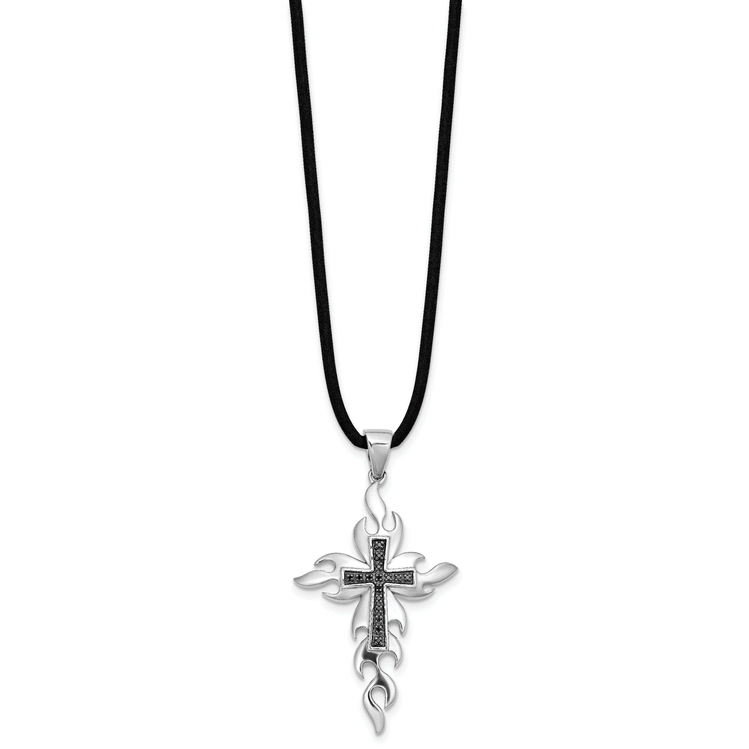 White Night Sterling Silver Rhodium-plated Black Diamond Cross 18 Inch Rubber Cord Necklace