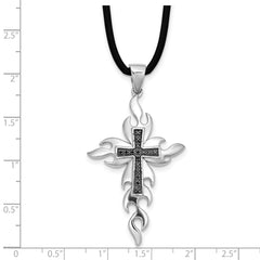 White Night Sterling Silver Rhodium-plated Black Diamond Cross 18 Inch Rubber Cord Necklace