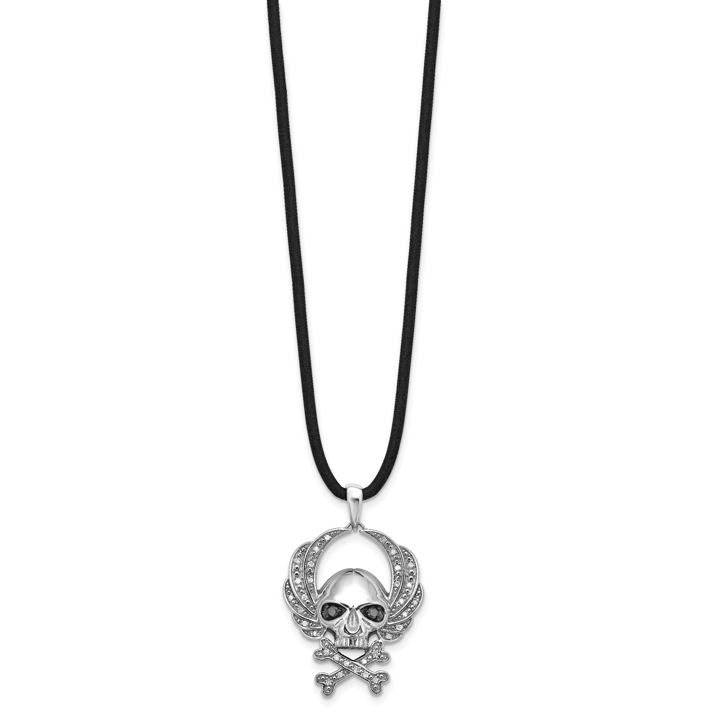 White Night Sterling Silver Rhodium-plated Black and White Diamond Skull 18 Inch Rubber Cord Necklace Secondary image