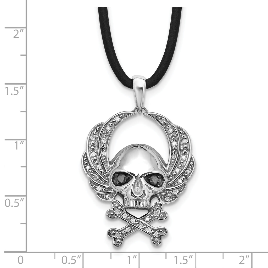 White Night Sterling Silver Rhodium-plated Black and White Diamond Skull 18 Inch Rubber Cord Necklace