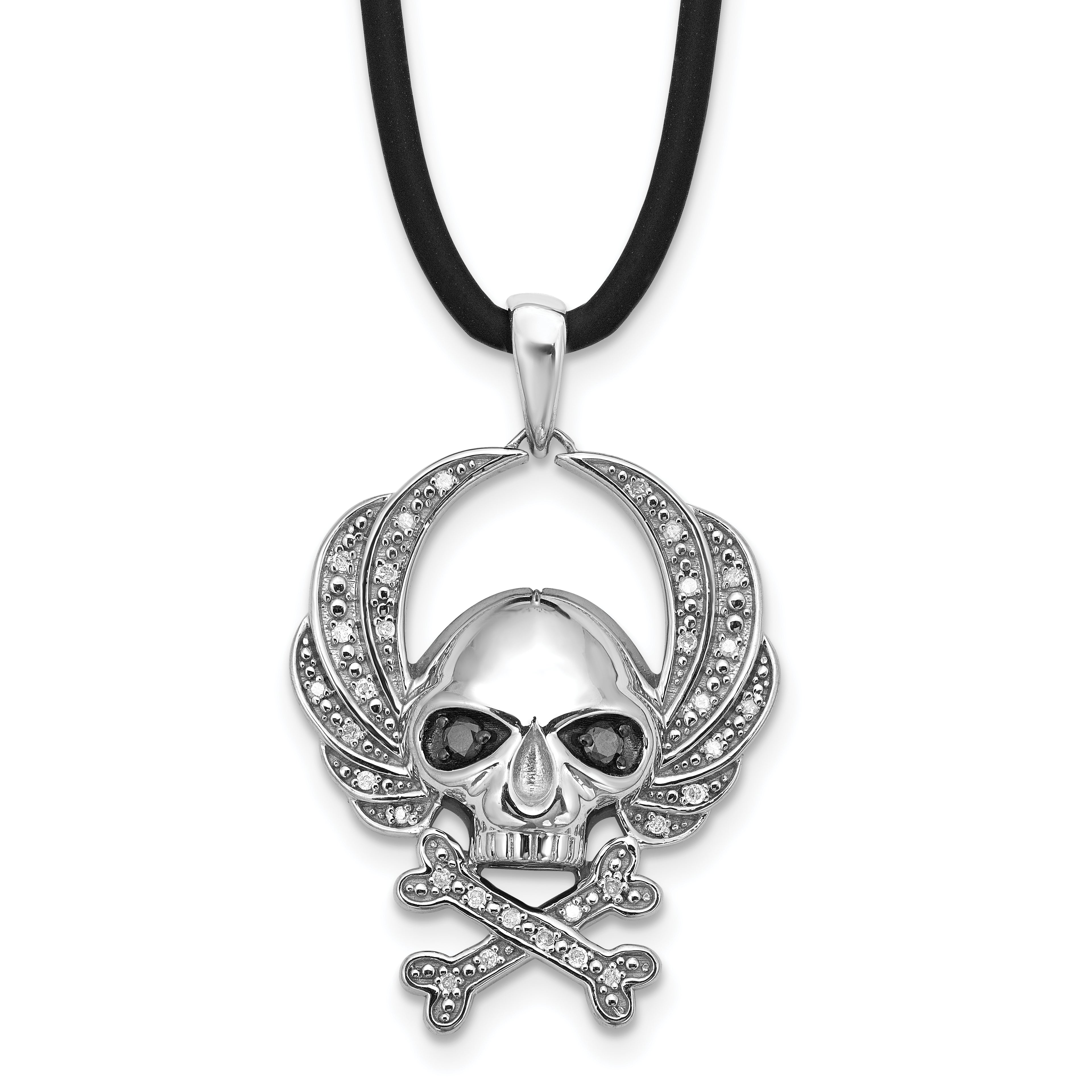 White Night Sterling Silver Rhodium-plated Black and White Diamond Skull 18 Inch Rubber Cord Necklace
