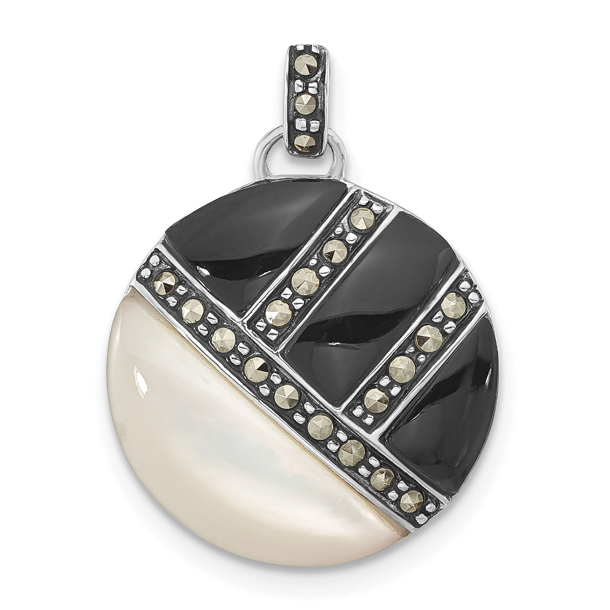 Sterling Silver Antiqued Marcasite, Mother of Pearl & Onyx Circle Pendant