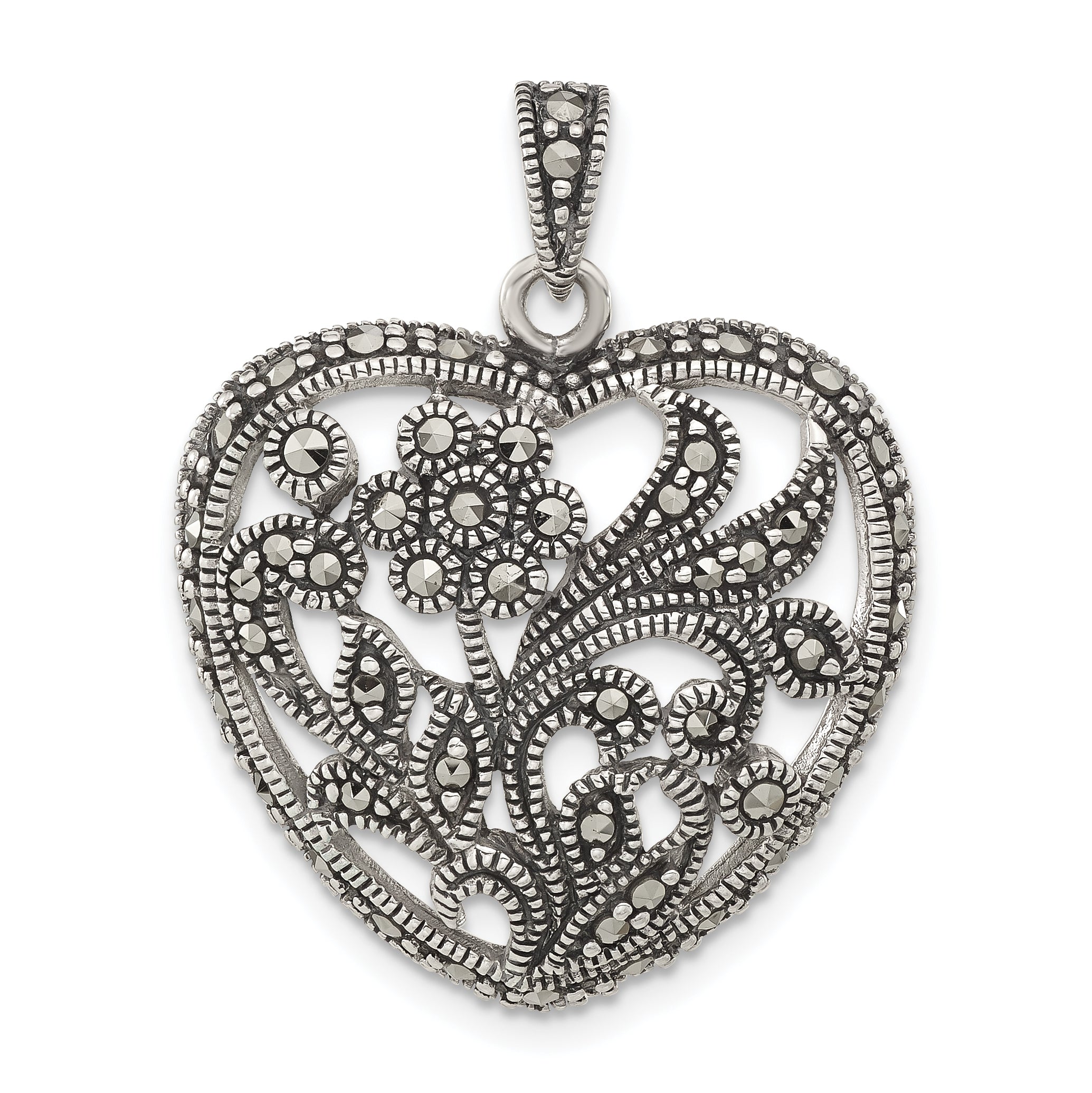 Sterling Silver Polished & Antiqued Marcasite Floral Heart Pendant