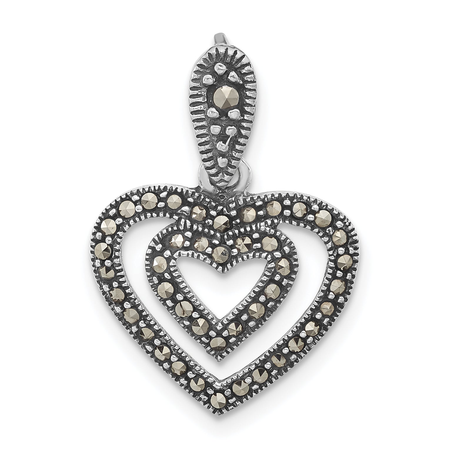 Sterling Silver Polished & Antiqued Marcasite Heart Pendant
