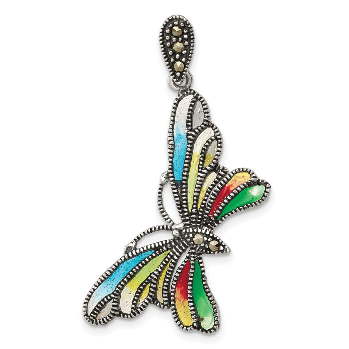 Sterling Silver Marcasite & Multi Color Epoxy Butterfly Pendant