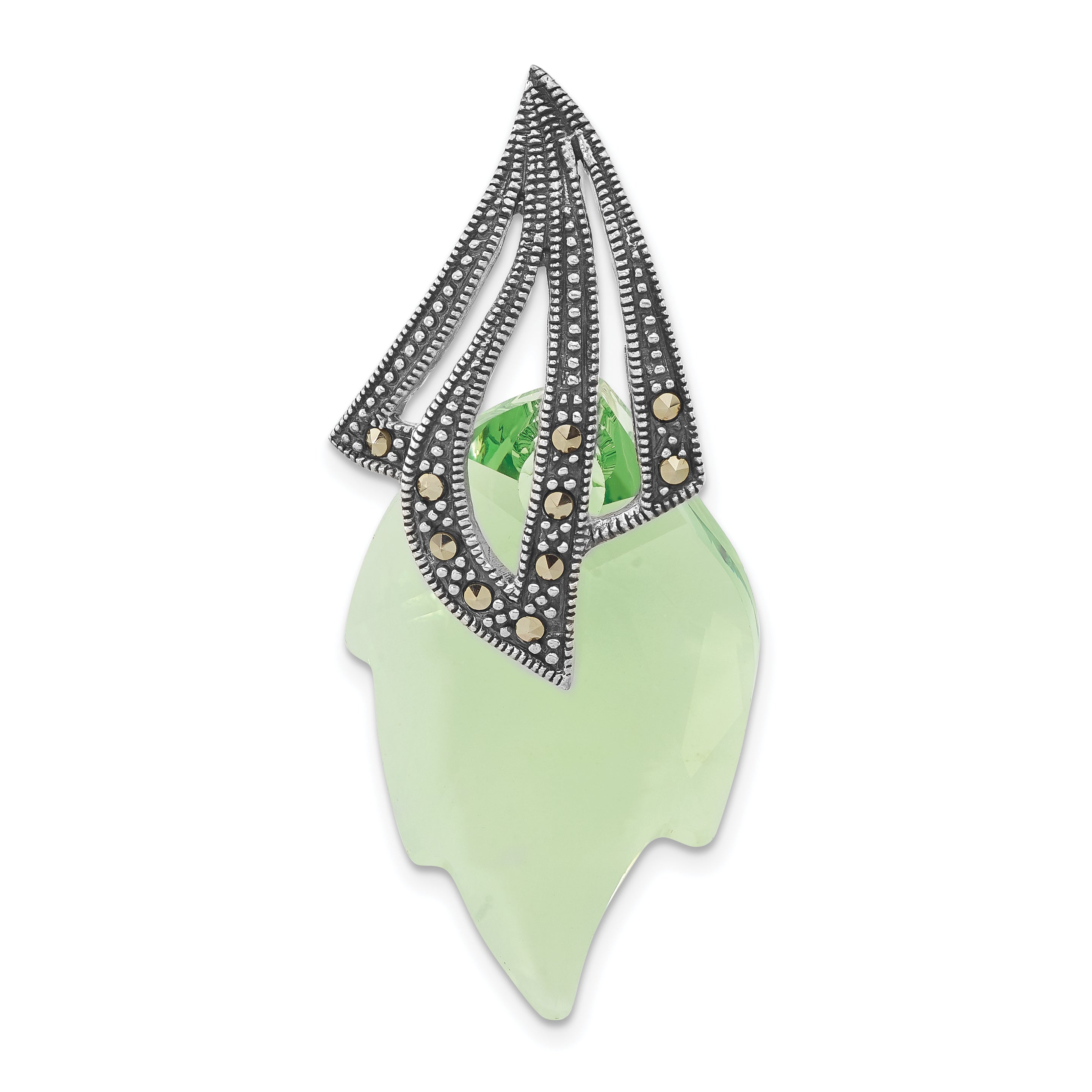 Sterling Silver Antiqued Marcasite & Green Swarovski Crystal Leaf Pendant
