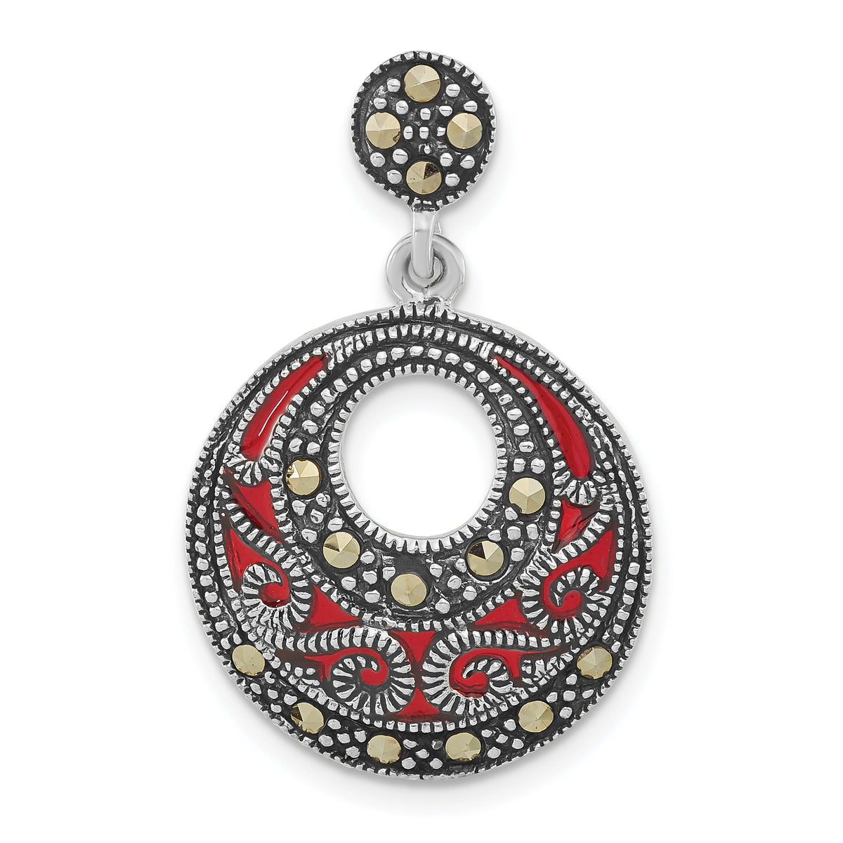 Sterling Silver Antiqued Marcasite & Red Epoxy Circle Slide Pendant
