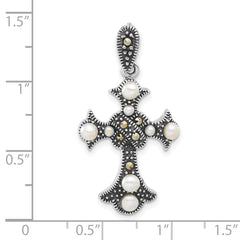 Sterling Silver Marcasite & FW Cultured Pearl Cross Pendant