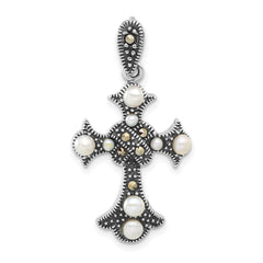 Sterling Silver Antiqued Marcasite & FW Cultured Pearl Cross Pendant