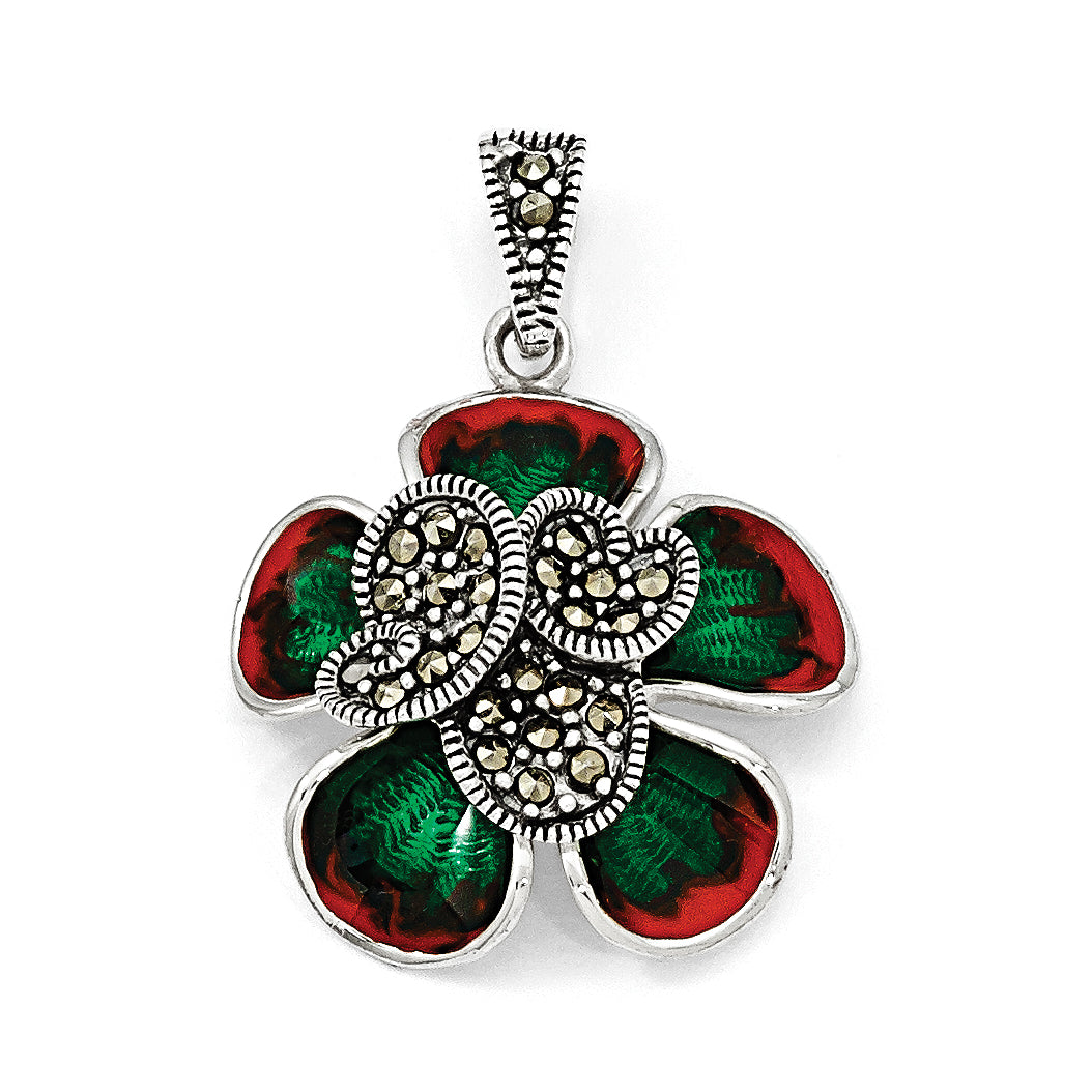 Sterling Silver Marcasite & Enamel Flower Pendant