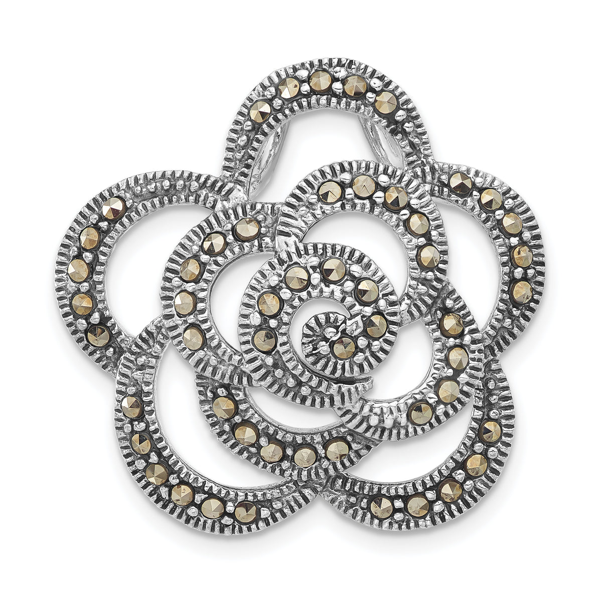 Sterling Silver Antiqued Marcasite Flower Chain Slide Pendant
