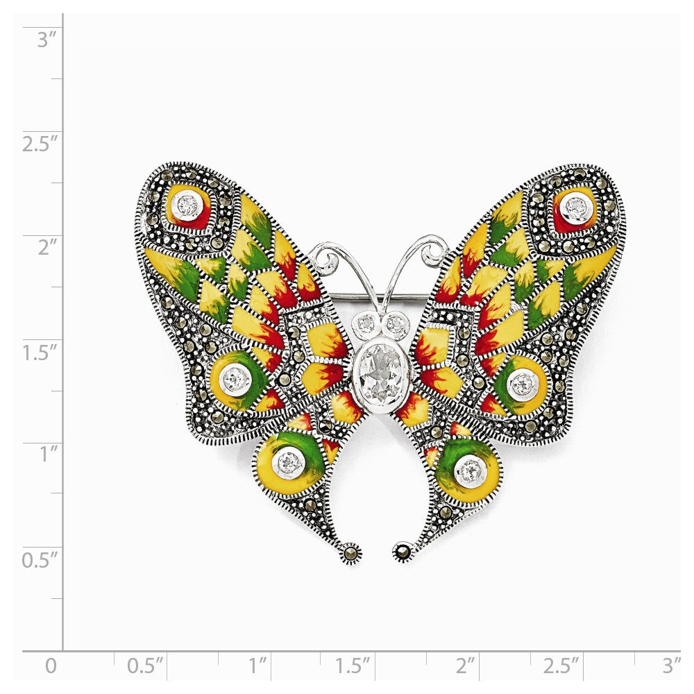 Sterling Silver Marcasite, Enamel & White Topaz Butterfly Pin