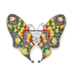 Sterling Silver Marcasite, Enamel & White Topaz Butterfly Pin