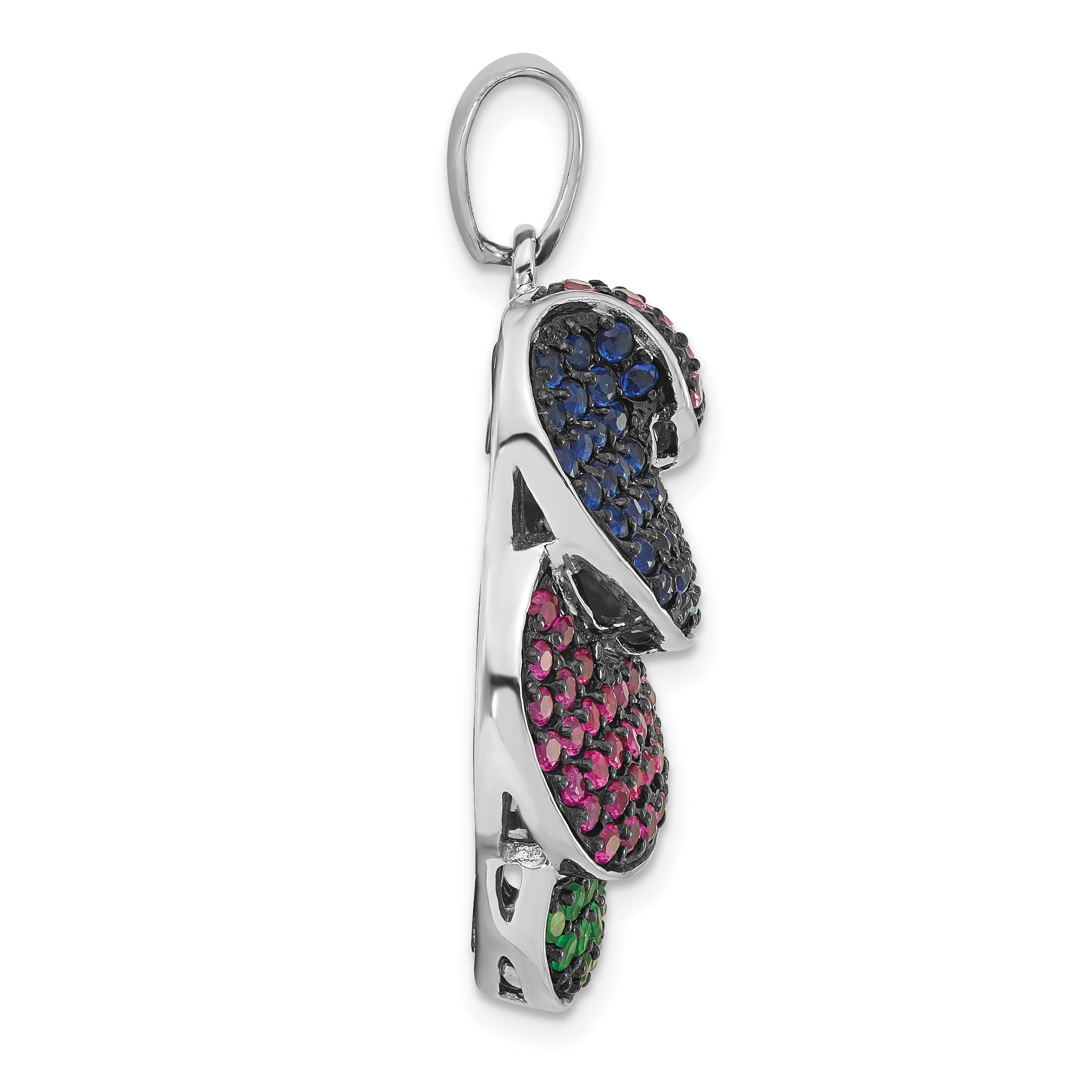 SS & Black Rhodium Blue/Grn Glass Lt & Drk Synth. Ruby Pendant