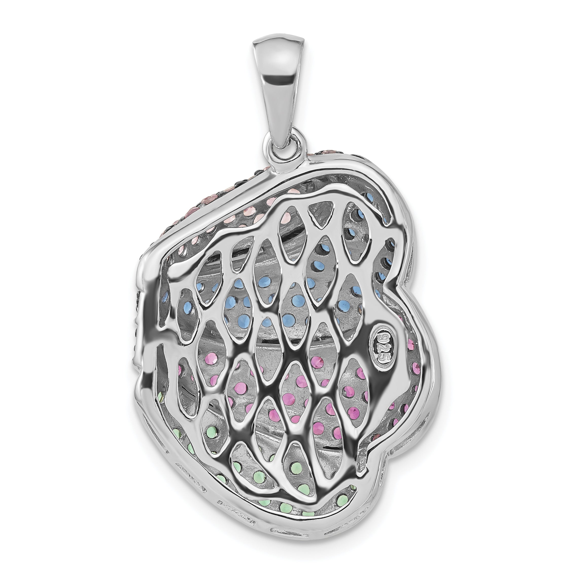 SS & Black Rhodium Blue/Grn Glass Lt & Drk Synth. Ruby Pendant