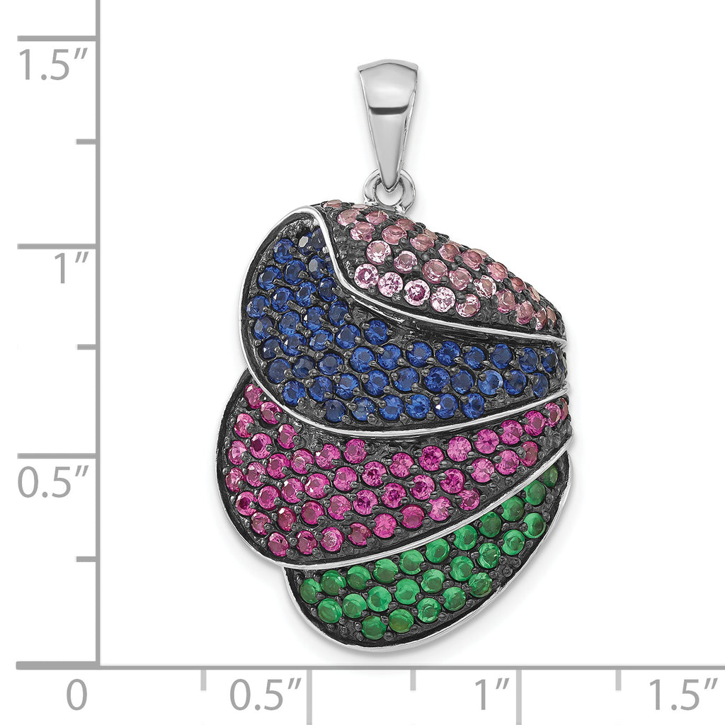 SS & Black Rhodium Blue/Grn Glass Lt & Drk Synth. Ruby Pendant