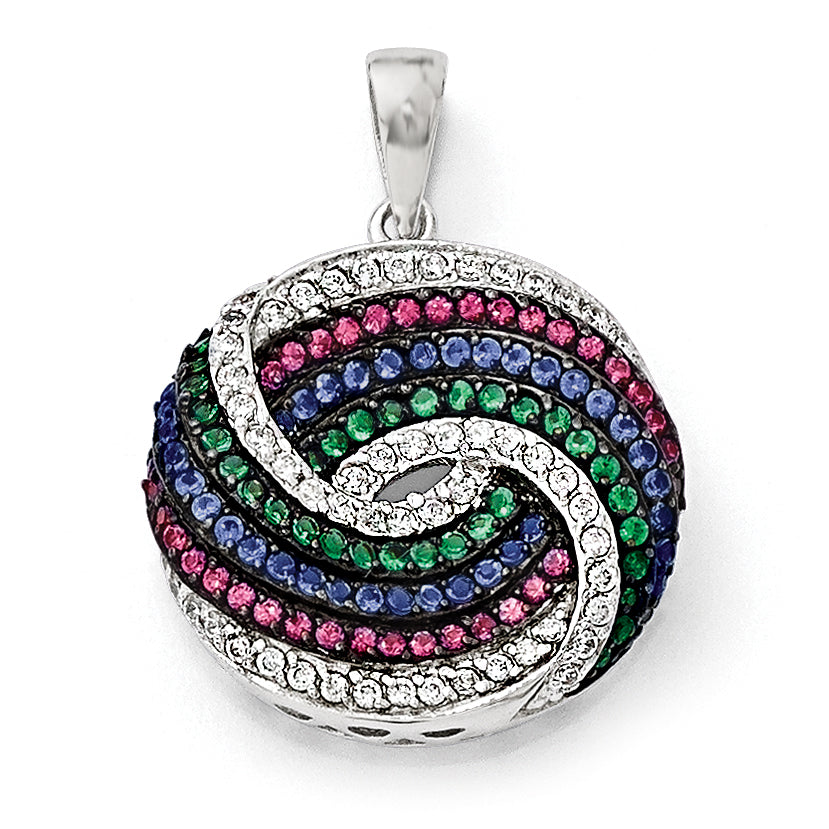 Sterling Silver Blk Rhodium Blue/Green Glass Synth. Ruby & CZ Pendant