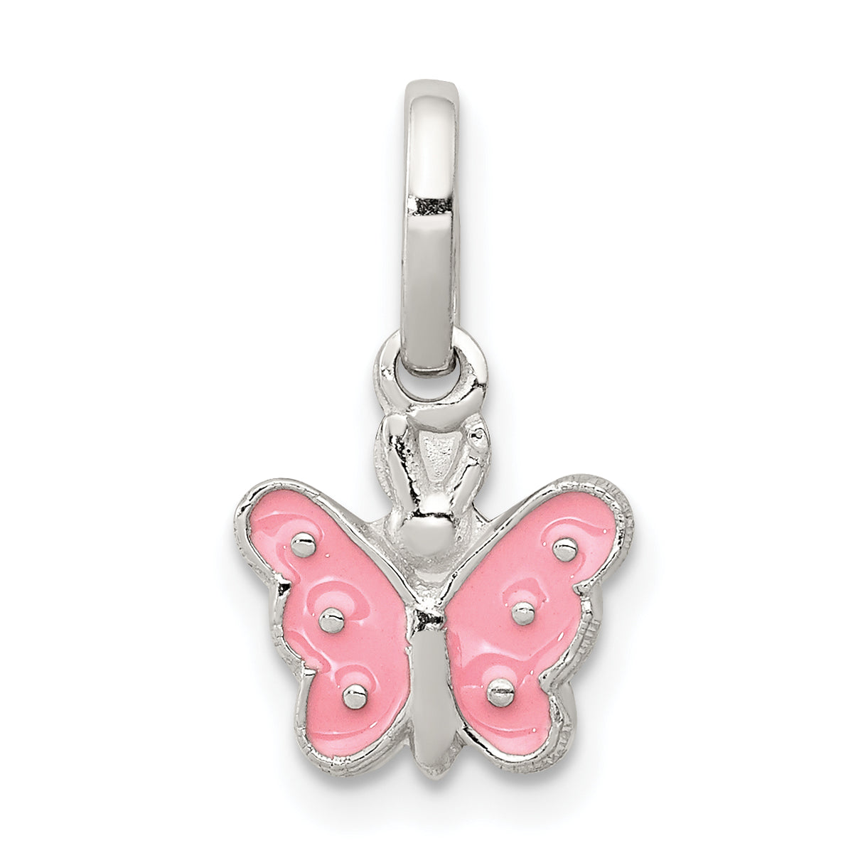 Sterling Silver Rhodium-plated Pink Enameled Butterfly Children's Pendant