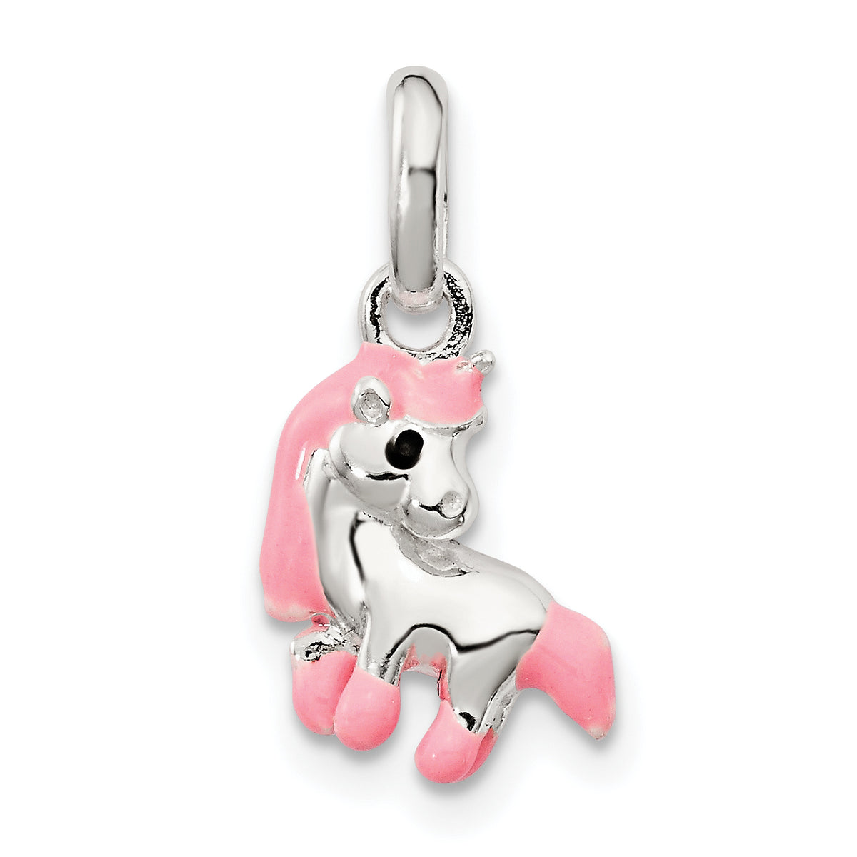 Sterling Silver Polished Pink & Black Enameled Pony Children's Pendant
