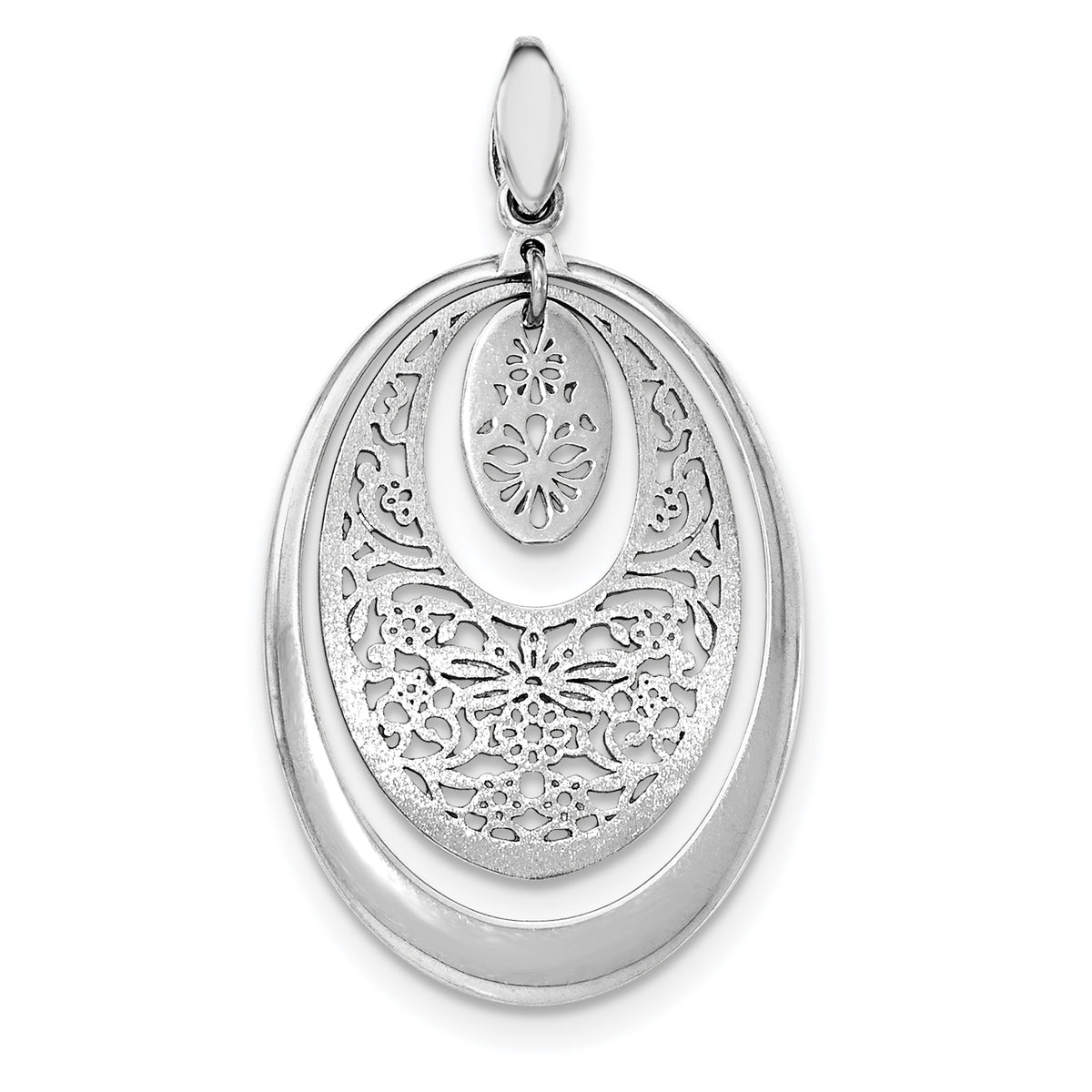 Sterling Silver Rhodium-plated Brushed/Polished Oval Pendant