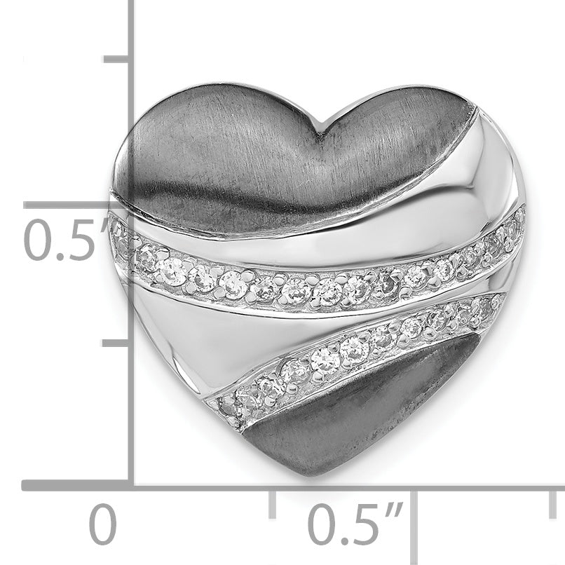 Sterling Silver Blk Rhod Polished CZ Heart Chain Slide Pendant