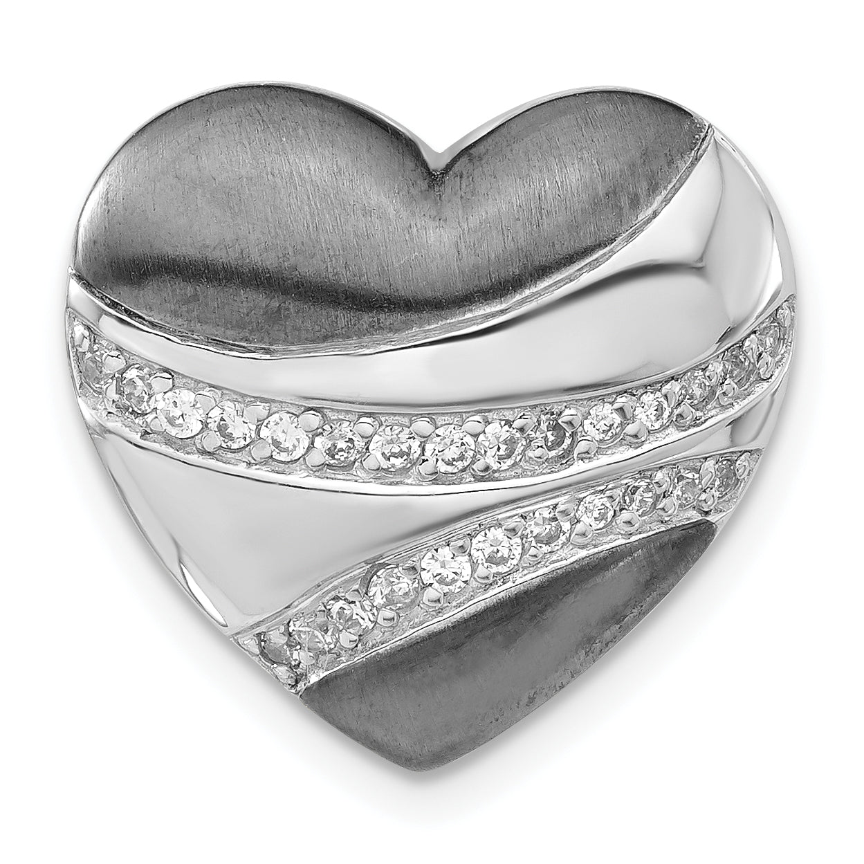 Sterling Silver w/ Black Rhodium Polished & Satin CZ Heart Chain Slide Pendant Main image