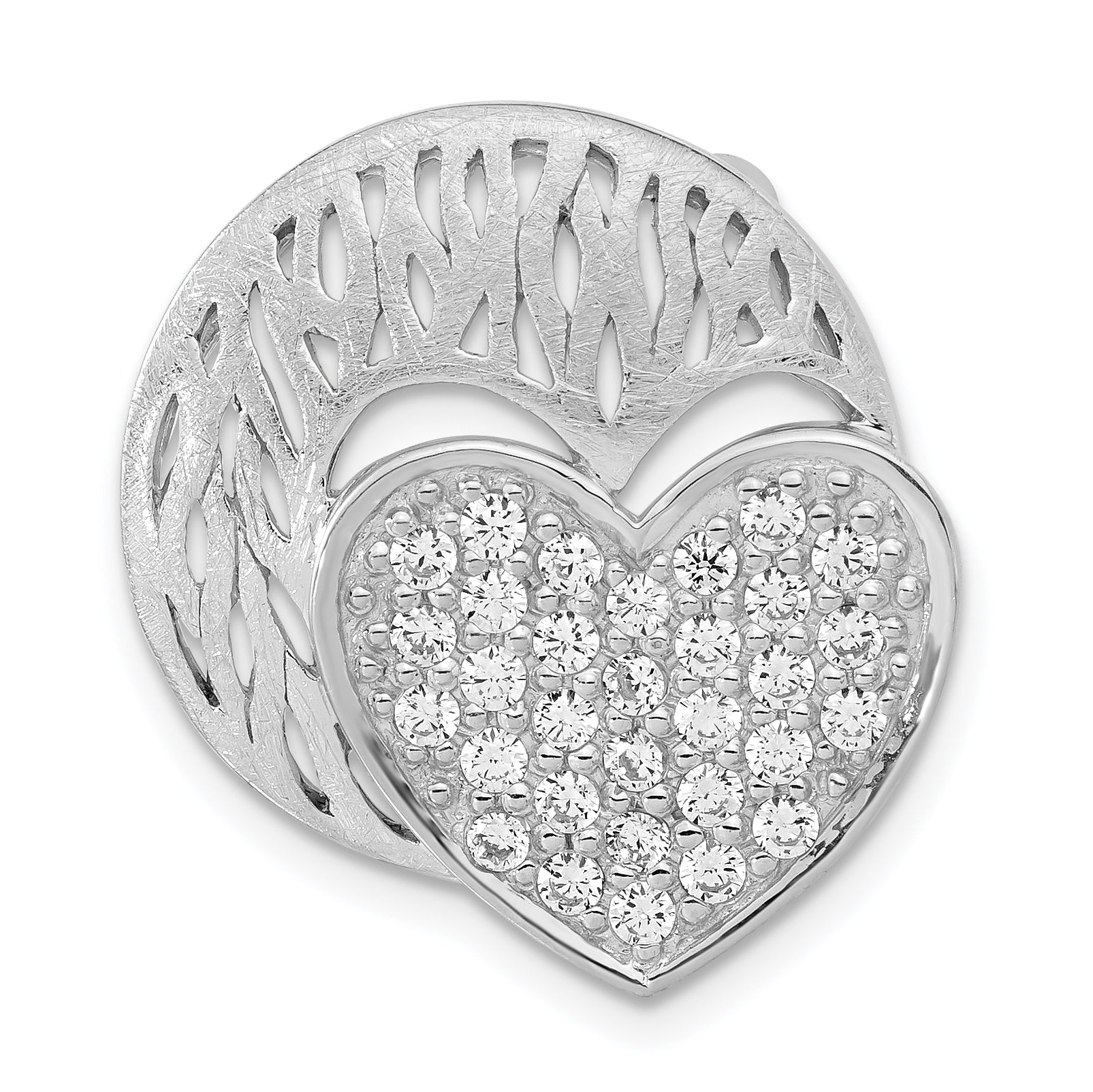 Sterling Silver Polished & Brushed CZ Heart Circle Slide