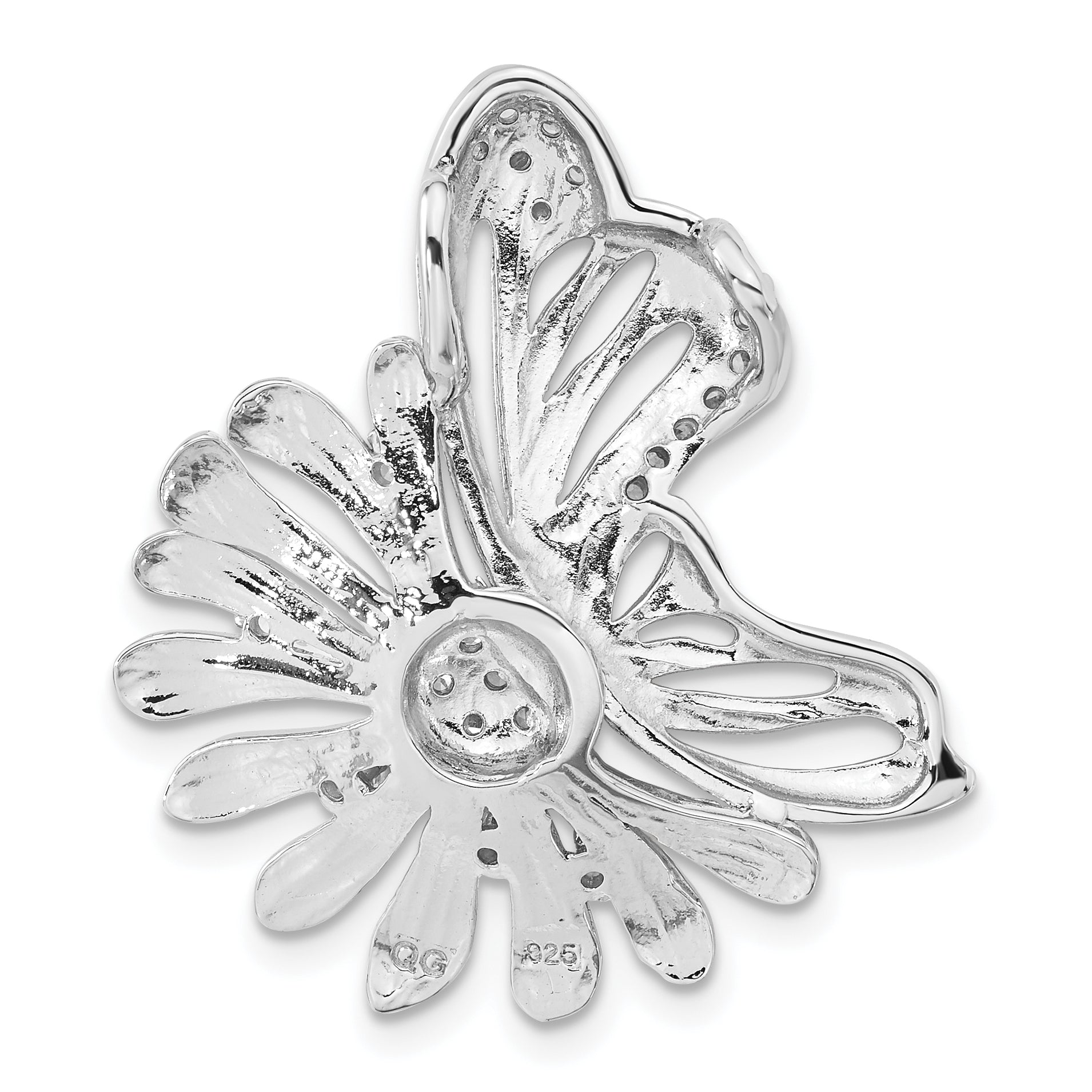 Sterling Silver Polished And Satin Flower Butterfly CZ Slide