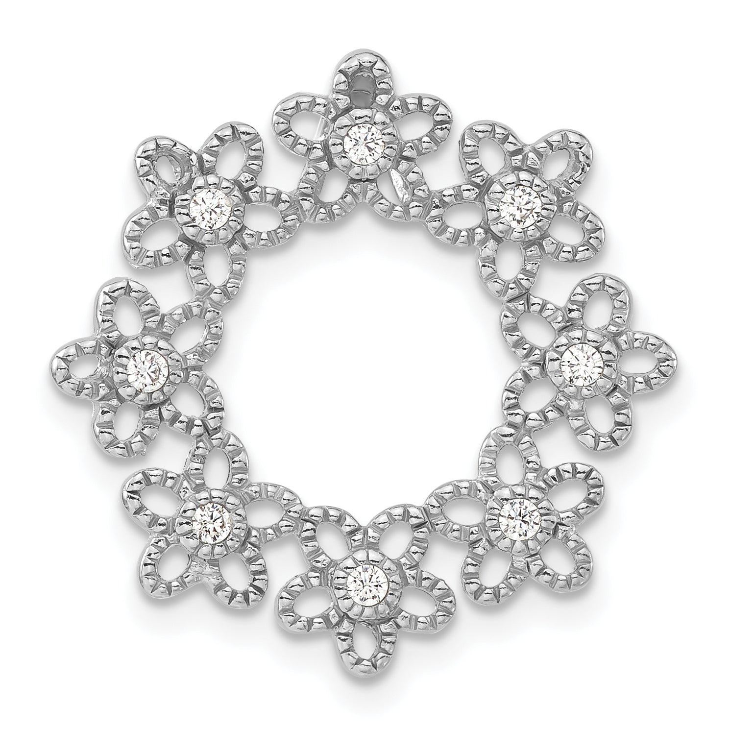 Sterling Silver Polished Beaded CZ Flower Circle Chain Slide Pendant Main image