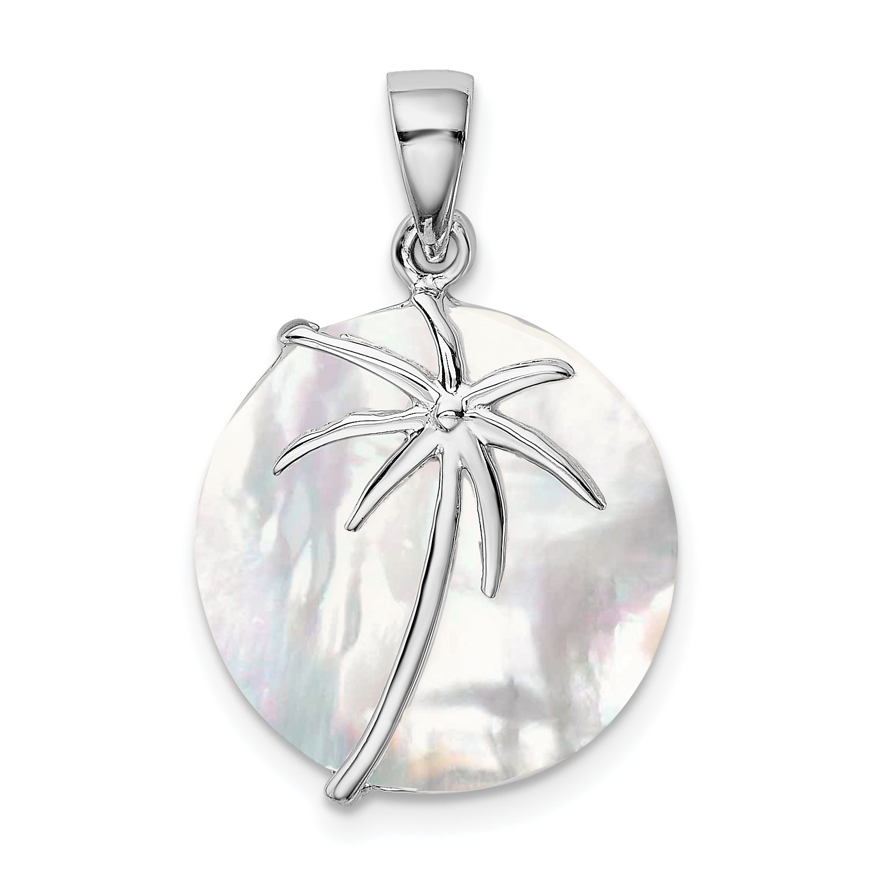 Sterling Silver Rhodium-plated Polished Round Mother of Pearl Palm Tree Pendant Main image